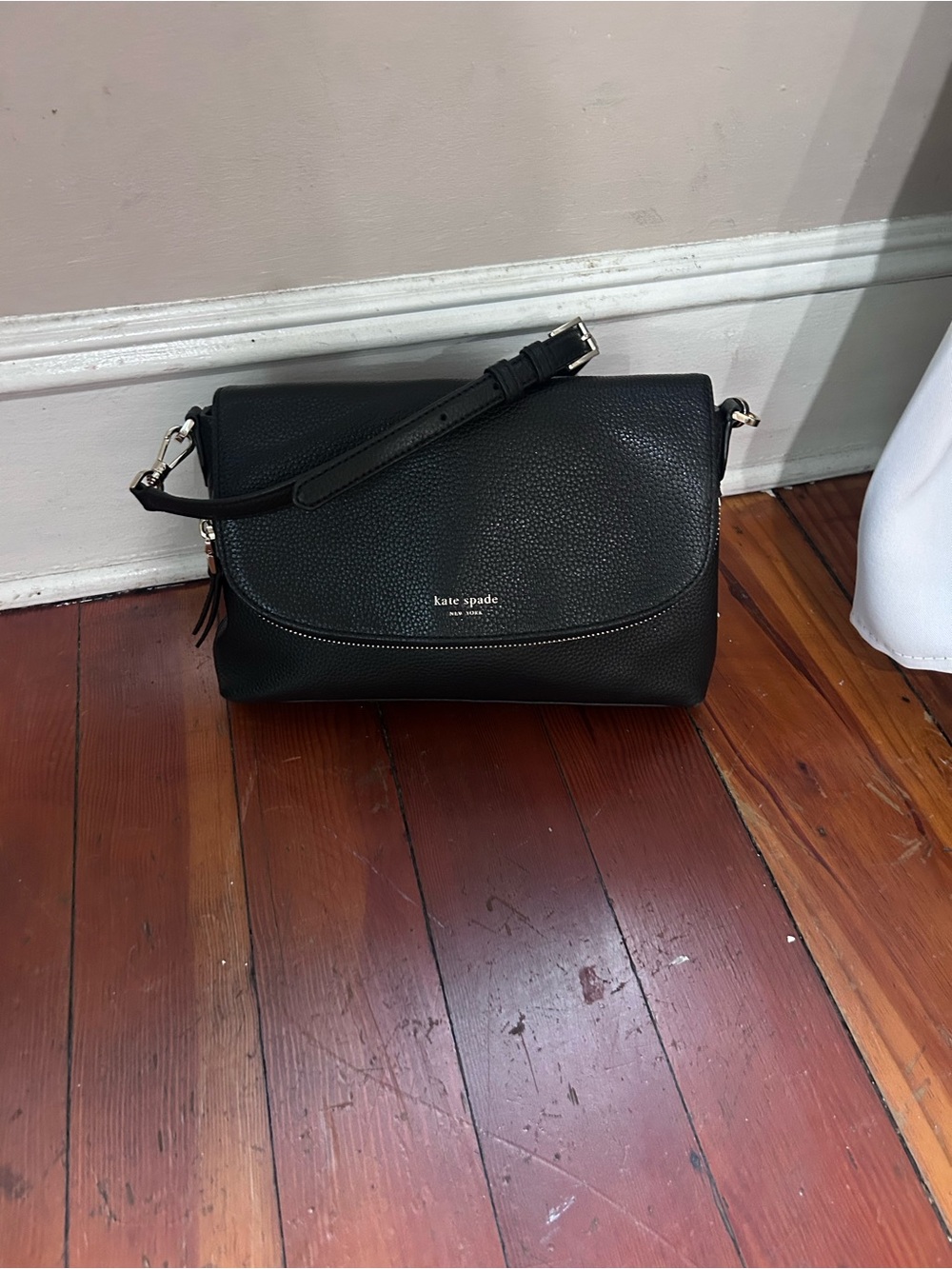 Kate Spade New York Polly Large Flap Crossbody-Black Pebbled Leather